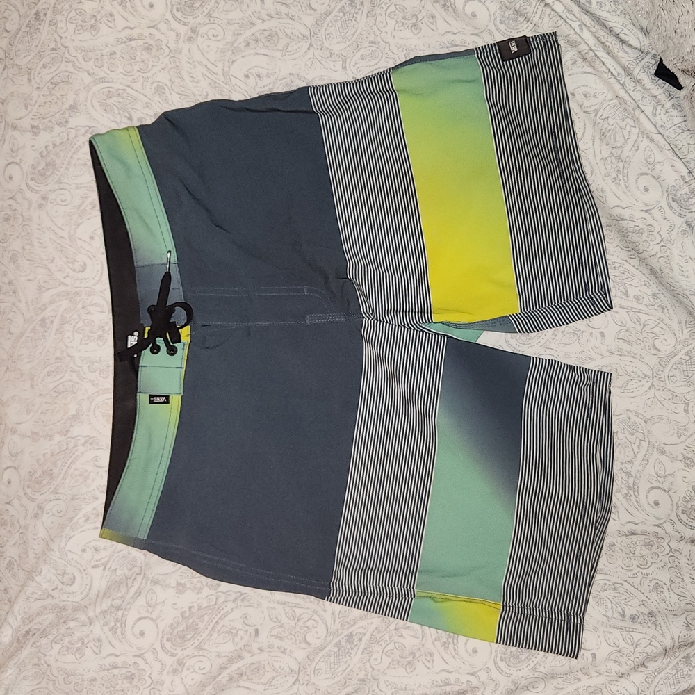 Vans Mens Board Shorts Teal Charcoal Neon Yellow Striped Swim‎ Trunks Size 30